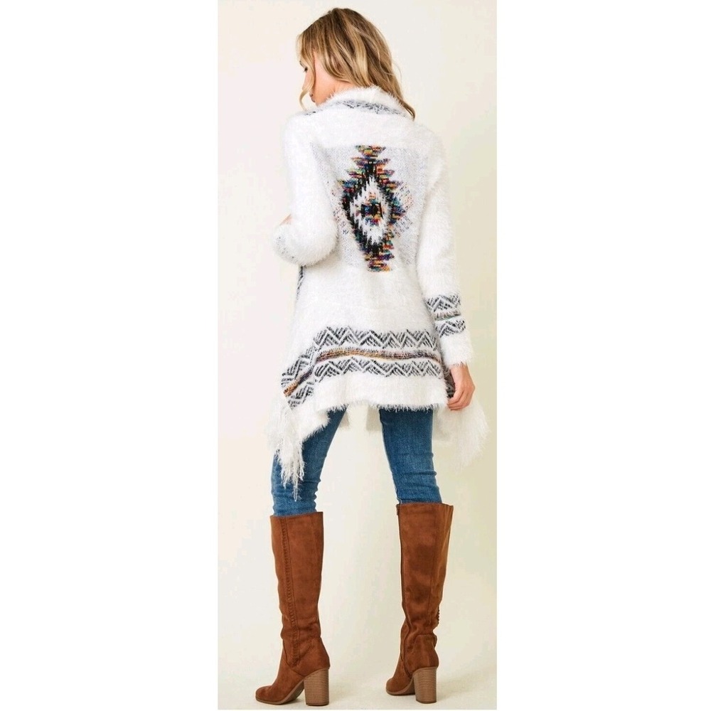 Northern angel Cozy Faux Fur aztec   Print Open Front Cardigan Sweater‎ White M